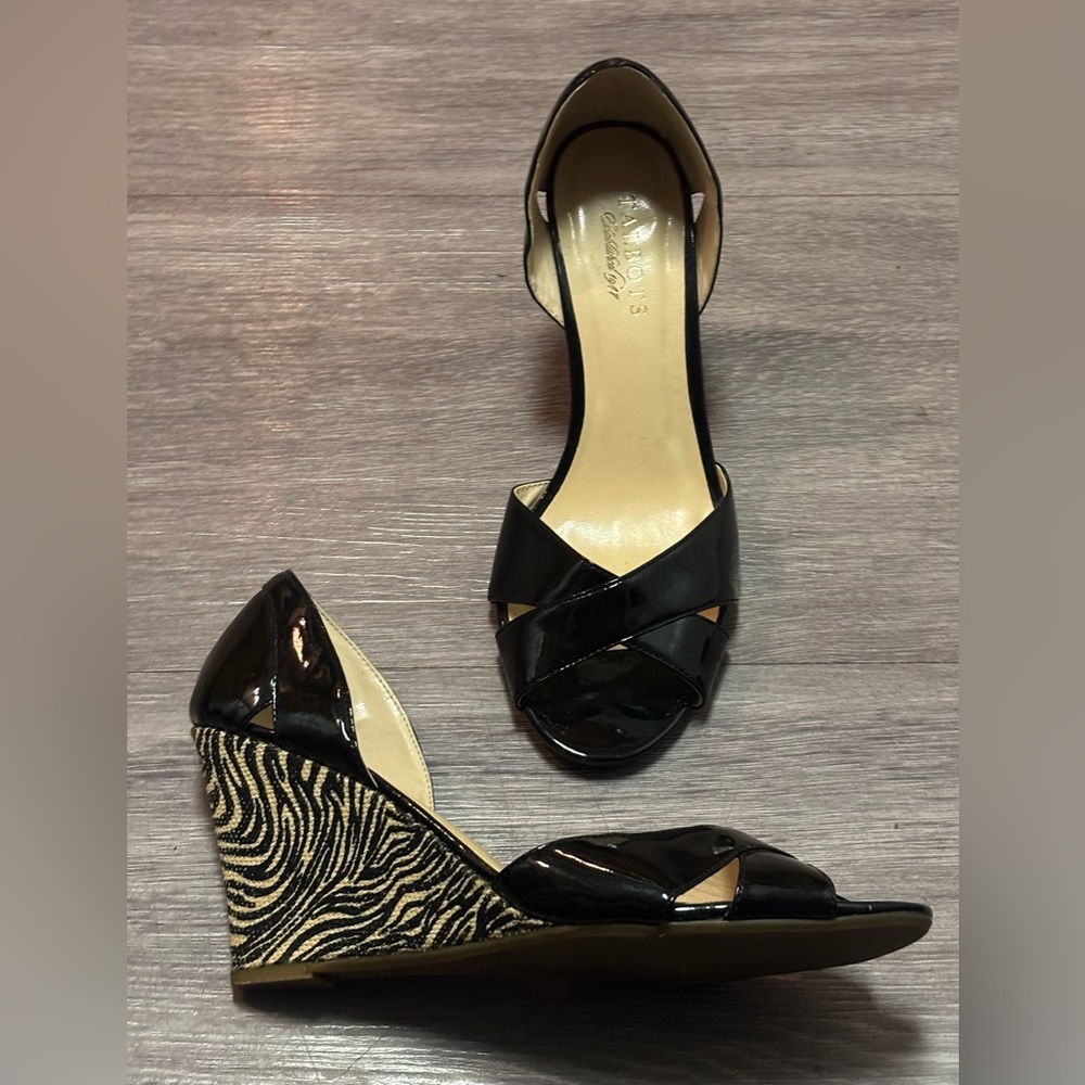 Talbots Black Patent Leather Zebra Print Wedge Sandals - Size 9